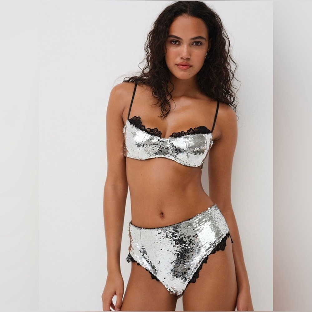 NWT For Love & Lemons Maia Underwire Bra Black & Sequin Size 34 B